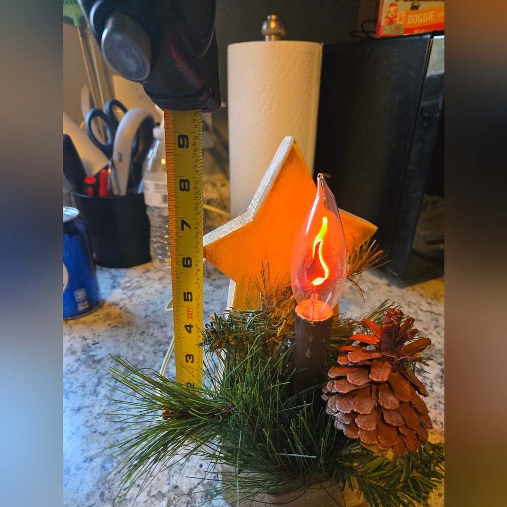 Rustic Star Candle Holder with Pinecone and Greenery. Flame Bulb.